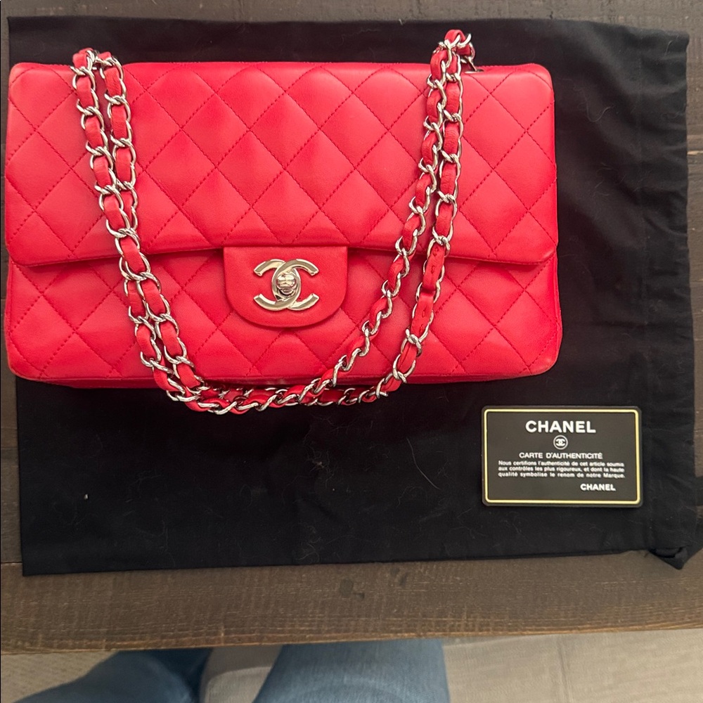 CHANEL Classic Red Medium Double Flap Bag with Silver hardware